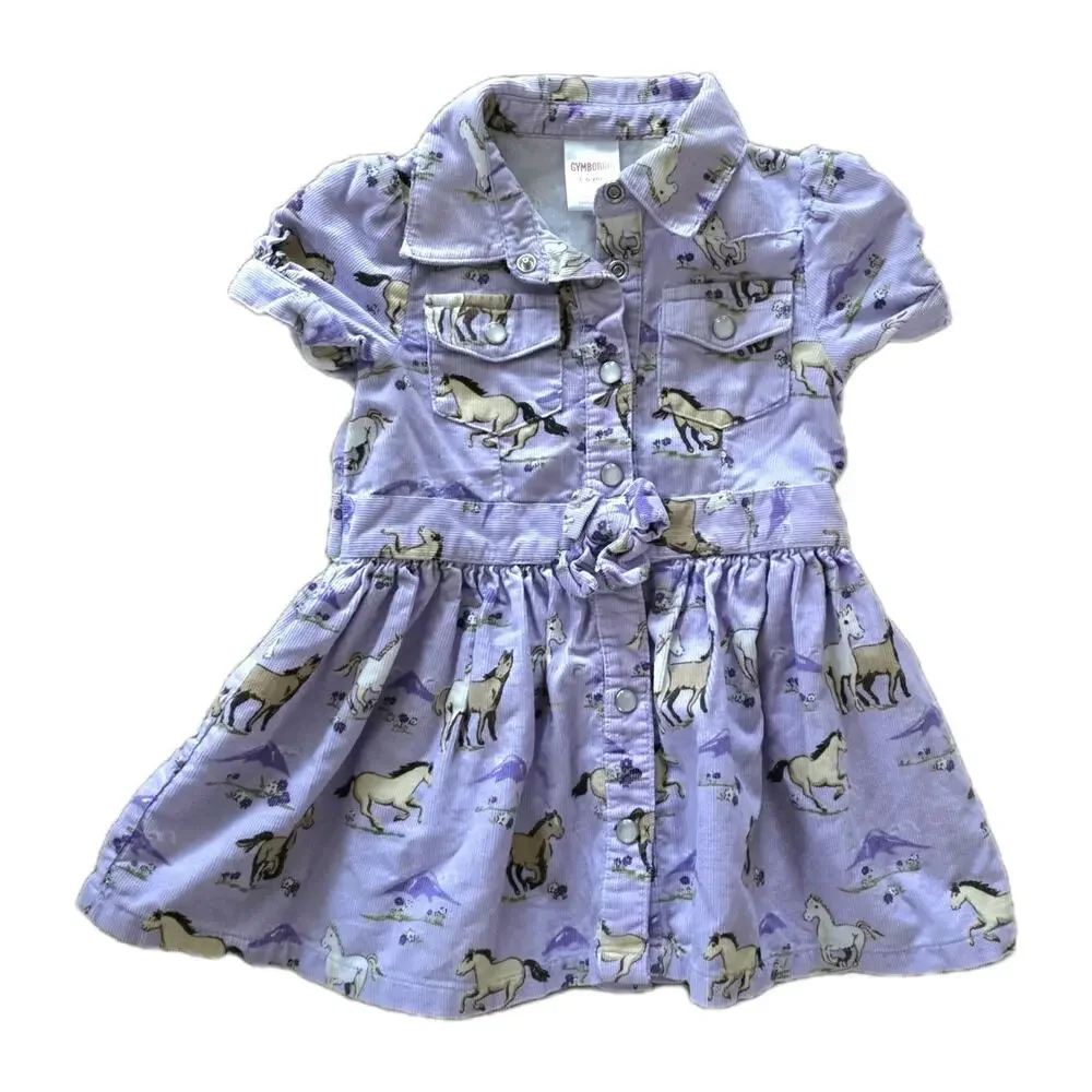 Gymboree Corduroy Horse Print Dress Size 3-6M Pearl Snap Western Lilac Violet
